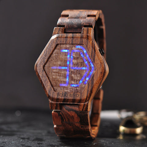 LED Display Wooden Watch For Men