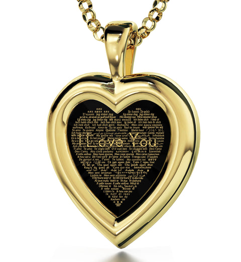 Gold Plated Silver Heart Jewelry Set I Love You Necklace in 120 Languages and Crystal Earrings